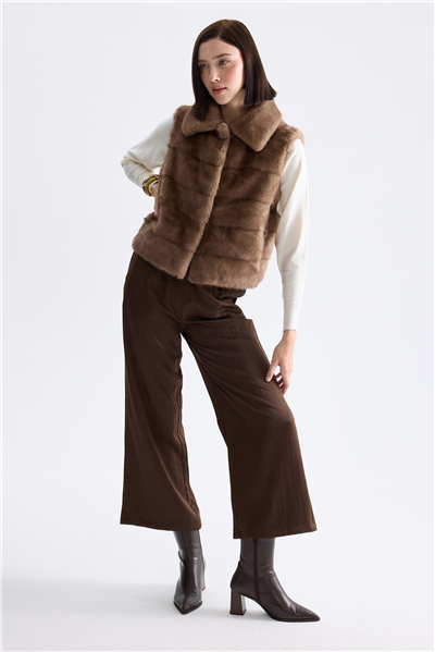 Ekol Beli Kemerli Peluş Yelek Camel