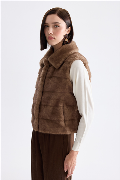 Ekol Beli Kemerli Peluş Yelek Camel