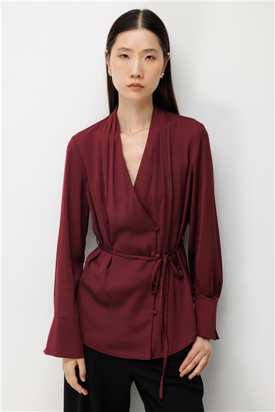 Ekol Beli Bağcıklı Drapeli Bluz Bordo