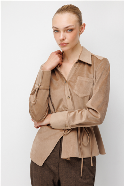 Ekol Beli Bağcıklı Kadife Bluz Camel