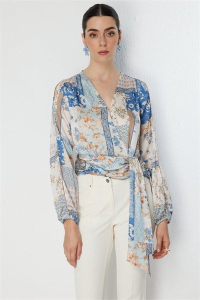Ekol Beli Fularlı Desenli Crop Bluz MAVI