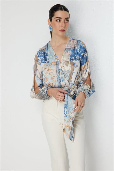 Ekol Beli Fularlı Desenli Crop Bluz MAVI