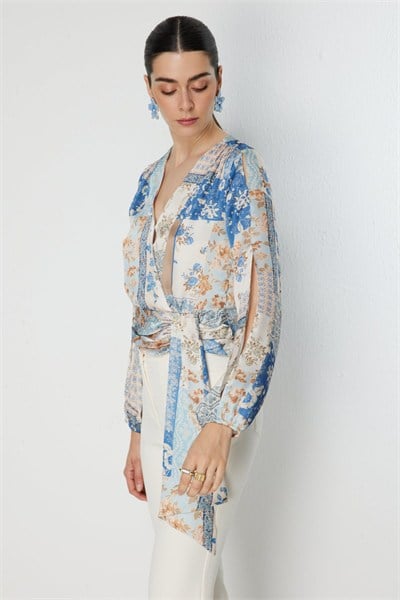 Ekol Beli Fularlı Desenli Crop Bluz MAVI
