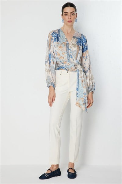 Ekol Beli Fularlı Desenli Crop Bluz MAVI