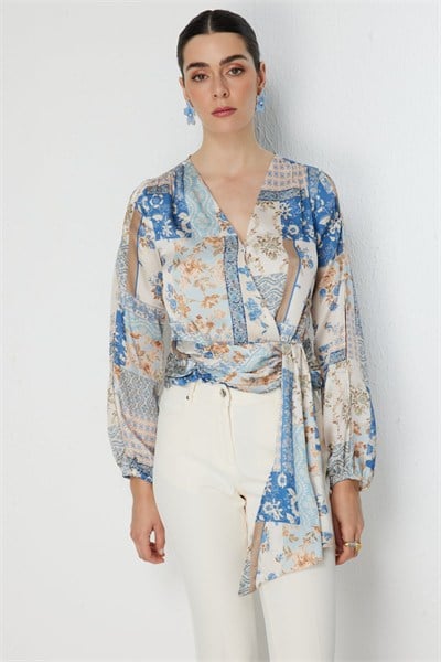 Ekol Beli Fularlı Desenli Crop Bluz MAVI