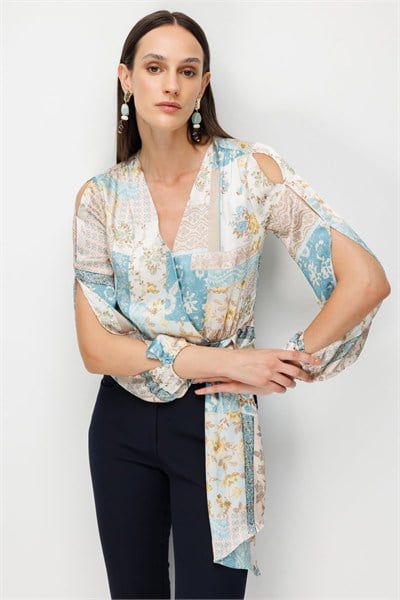 Ekol Beli Fularlı Desenli Crop Bluz TURKUAZ