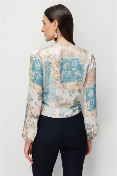 Ekol Beli Fularlı Desenli Crop Bluz TURKUAZ