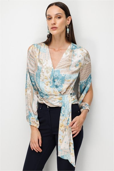 Ekol Beli Fularlı Desenli Crop Bluz TURKUAZ