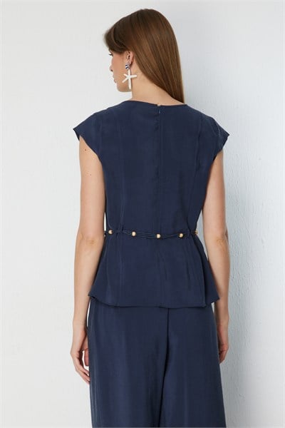 Ekol Beli İp Kemerli Kolsuz Bluz LACIVERT