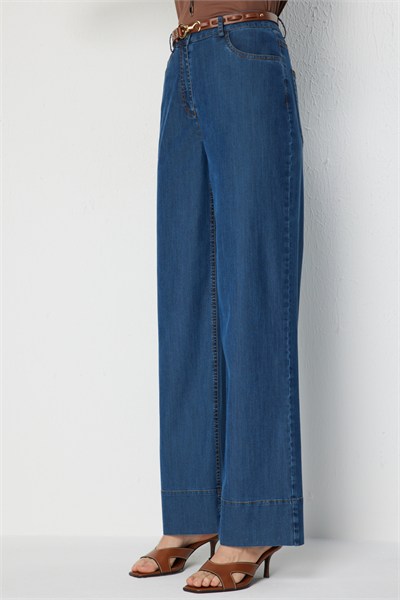Ekol Beli Kemerli Bol Paça Pantolon INDIGO