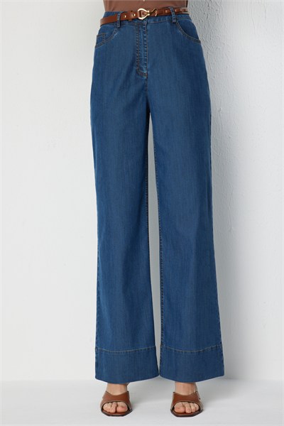 Ekol Beli Kemerli Bol Paça Pantolon INDIGO