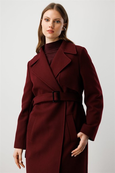 Ekol Beli Kemerli Kaşe Kaban Bordo