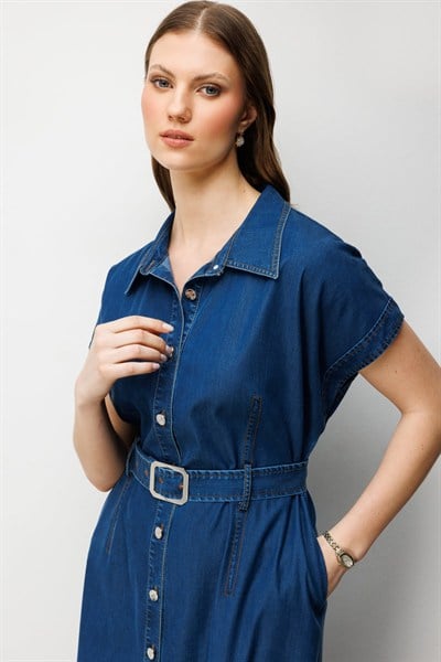 Ekol Beli Kemerli Polo Yaka Midi Elbise INDIGO