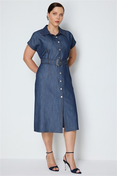 Ekol Beli Kemerli Polo Yaka Midi Elbise BLUE