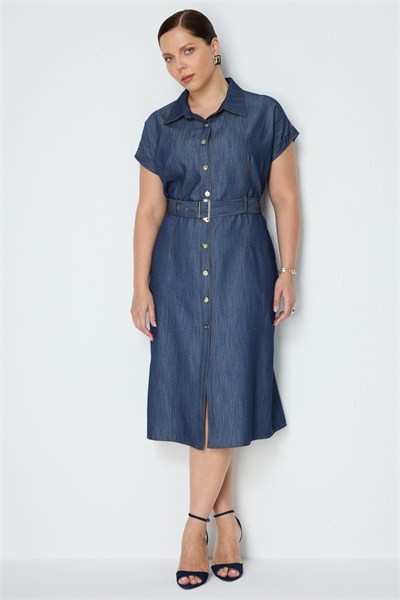 Ekol Beli Kemerli Polo Yaka Midi Elbise BLUE