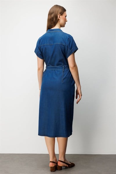 Ekol Beli Kemerli Polo Yaka Midi Elbise INDIGO
