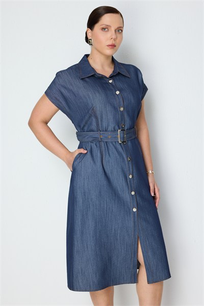 Ekol Beli Kemerli Polo Yaka Midi Elbise BLUE