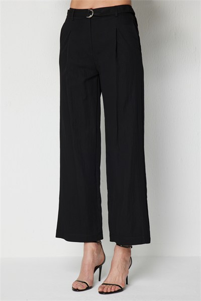 Ekol Beli Kuşaklı Bol Paça Pantolon SIYAH