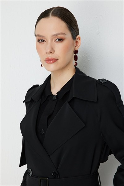 Ekol Beli Kuşaklı Omzu Apoletli Trençkot BLACK