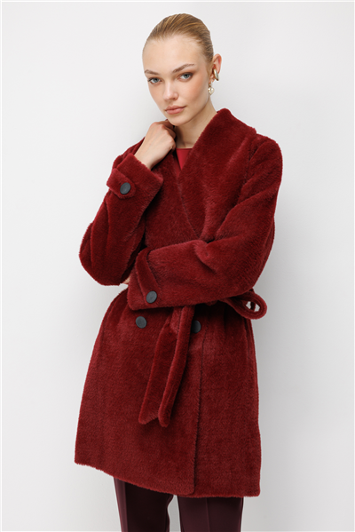 Ekol Beli Kuşaklı Peluş Kaban Bordo