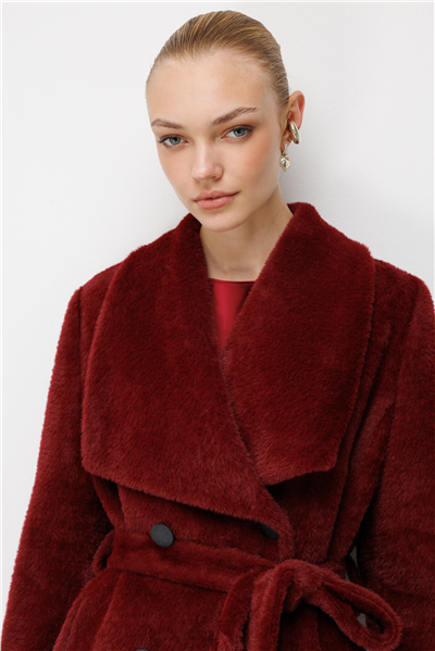 Ekol Beli Kuşaklı Peluş Kaban Bordo