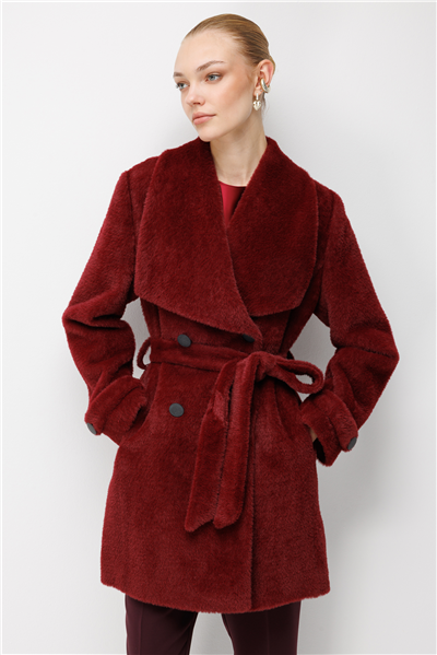 Ekol Beli Kuşaklı Peluş Kaban Bordo