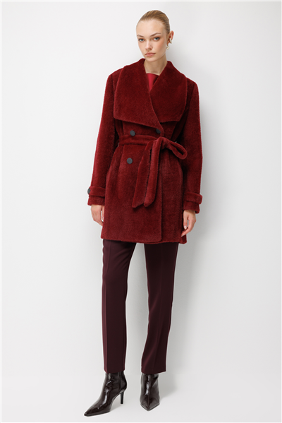 Ekol Beli Kuşaklı Peluş Kaban Bordo