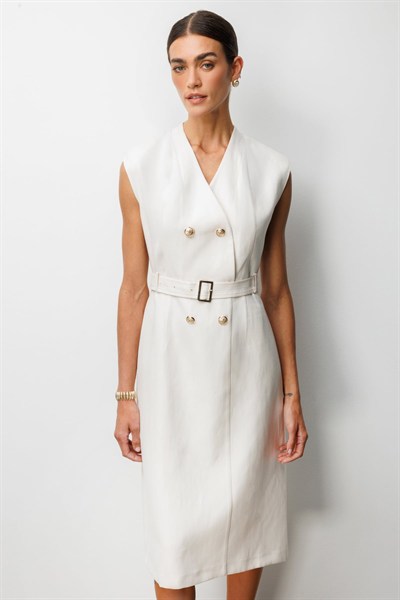 Ekol Beli Kuşaklı Süs Düğmeli Midi Elbise Ekru