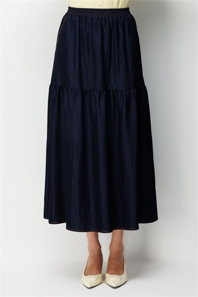 Ekol Beli Lastikli Dikişli Maxi Etek INDIGO