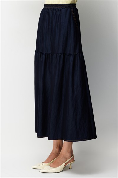 Ekol Beli Lastikli Dikişli Maxi Etek INDIGO