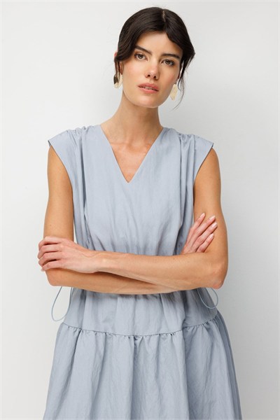 Ekol Beli Lastikli Kolsuz Maxi Elbise BLUE