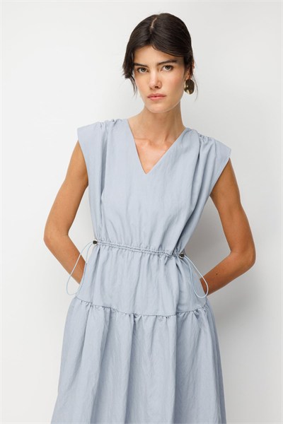 Ekol Beli Lastikli Kolsuz Maxi Elbise BLUE