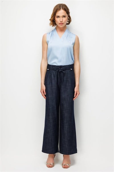 Ekol Beli Süs Kemerli Bol Paça Pantolon INDIGO