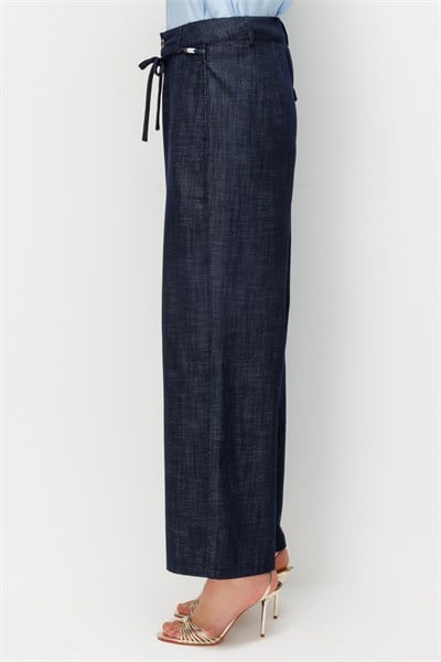 Ekol Beli Süs Kemerli Bol Paça Pantolon INDIGO