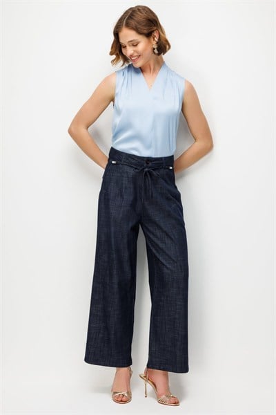 Ekol Beli Süs Kemerli Bol Paça Pantolon INDIGO