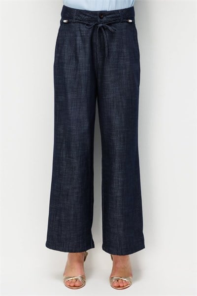 Ekol Beli Süs Kemerli Bol Paça Pantolon INDIGO