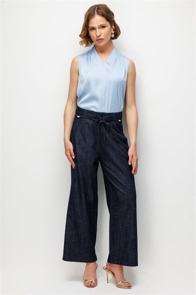 Ekol Beli Süs Kemerli Bol Paça Pantolon INDIGO
