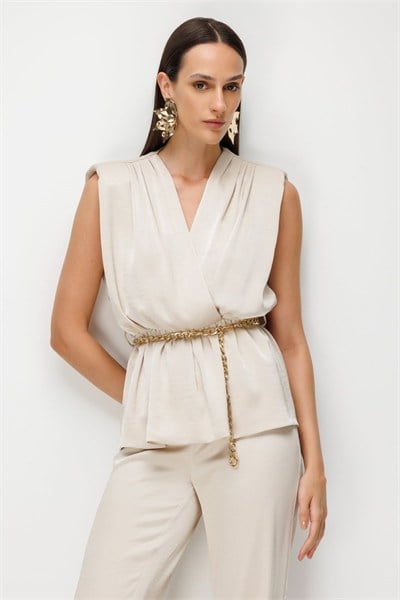 Ekol Beli Zincirli Drapeli Bluz GOLD
