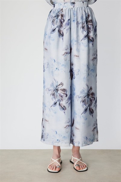 Ekol Çiçek Desenli Bol Paça Pantolon BLUE