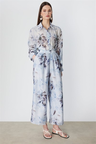 Ekol Çiçek Desenli Bol Paça Pantolon BLUE