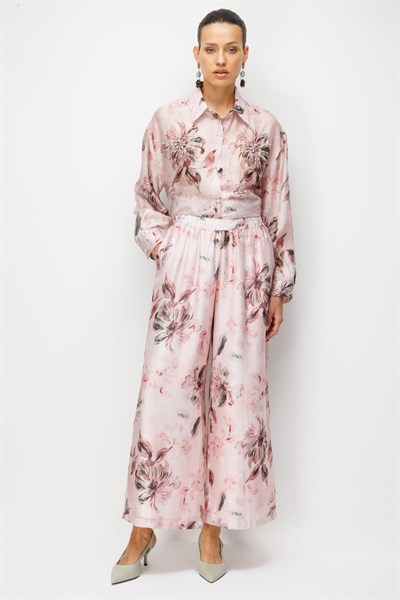 Ekol Çiçek Desenli Bol Paça Pantolon PINK