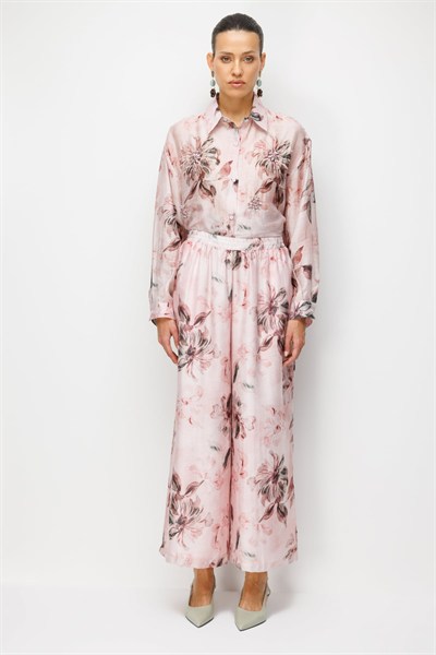 Ekol Çiçek Desenli Bol Paça Pantolon PINK