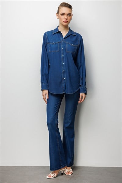 Ekol Çıtçıtlı Polo Yaka Bluz INDIGO