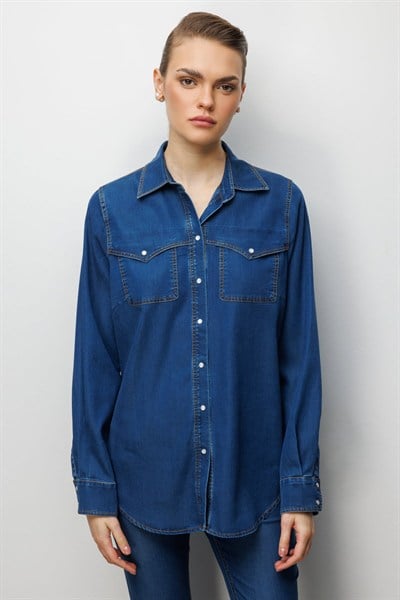 Ekol Çıtçıtlı Polo Yaka Bluz INDIGO