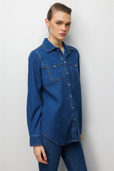 Ekol Çıtçıtlı Polo Yaka Bluz INDIGO