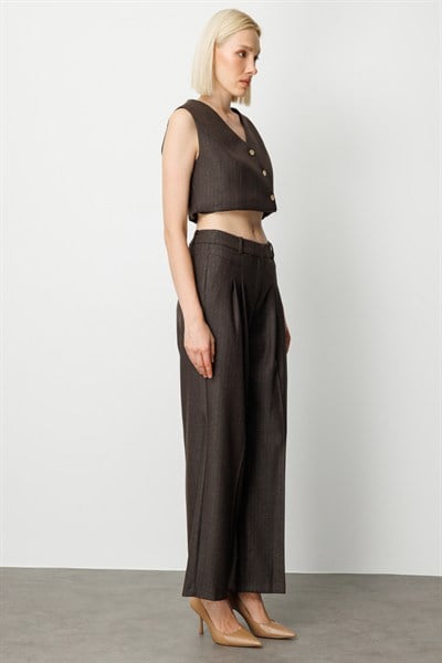 Ekol Çizgi Desenli Wide Leg Pantolon KAHVE