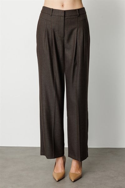 Ekol Çizgi Desenli Wide Leg Pantolon KAHVE