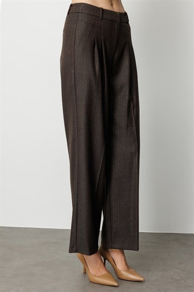 Ekol Çizgi Desenli Wide Leg Pantolon KAHVE