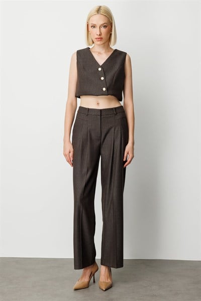 Ekol Çizgi Desenli Wide Leg Pantolon KAHVE