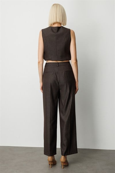 Ekol Çizgi Desenli Wide Leg Pantolon KAHVE